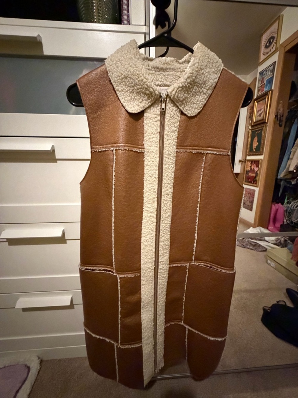 Guess Brown Faux-Leather Vest with Cream Sherpa Trim